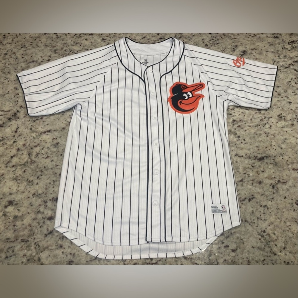 Orioles Majestic White Pinstripe Jersey